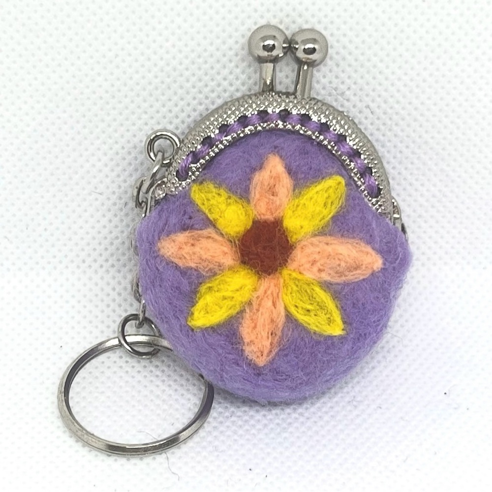 Purple Handmade Felted Flower Keychain Mini Coin Purse
